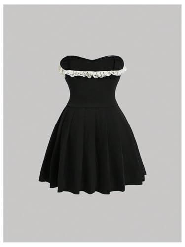 SOLY HUX Plus Size Lace Trim Bow Sleeveless Pleated A Line Dresses for Women Short-Length Hot Sellers