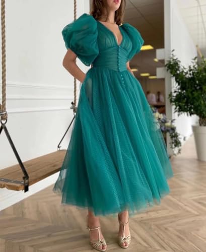 Xijun Puffy Sleeve Prom Dresses for Women Formal Evening Party Gowns V Neck Tea Length Dot Tulle