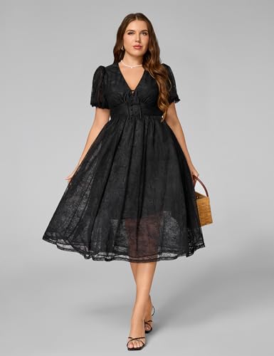 Plus Size Women's Summer V Neck Lace Midi Dress for Wedding Guest and Prom
| EYWOL Plus Size Summer V Neck Lace Midi Dr