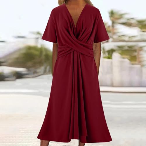 ZDRZK Women's Short Sleeve V Neck Criss Cross Ruched Dress for Bride and Mother of the Bride Formal Evening Event