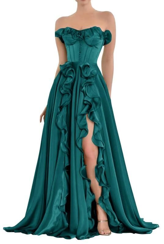 MKTERILYS A-Line Strapless Prom Dresses for Formal Events with Double Slit Chiffon Ruffles Party Gowns