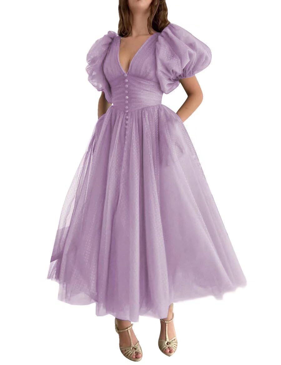 Xijun Puffy Sleeve Prom Dresses for Women Formal Evening Party Gowns V Neck Tea Length Dot Tulle