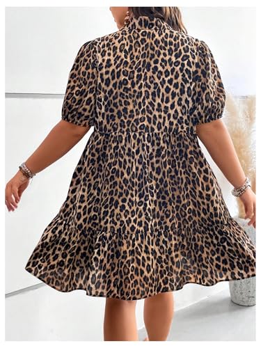 Floerns Women's Plus Size Leopard Shirt Dress Puff Sleeve Ruffle Hem Swing Shift Dress for Casual Occasions with Elegant