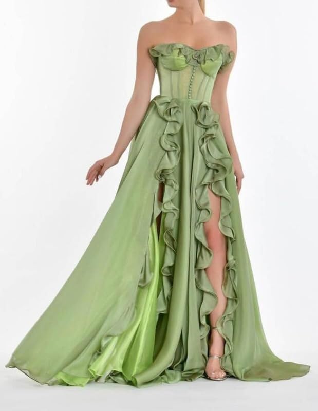 MKTERILYS A-Line Strapless Prom Dresses for Formal Events with Double Slit Chiffon Ruffles Party Gowns