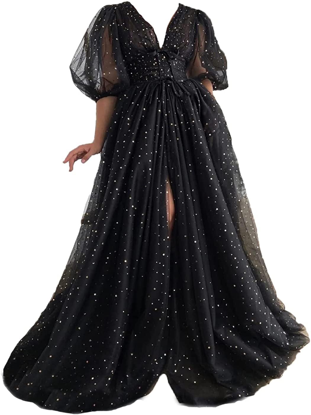 Clothfun Women's Sparkle Starry Tulle Puffy Sleeve Formal Prom Dresses Plus Size with Slit  
Clothfun Women's Plus Size