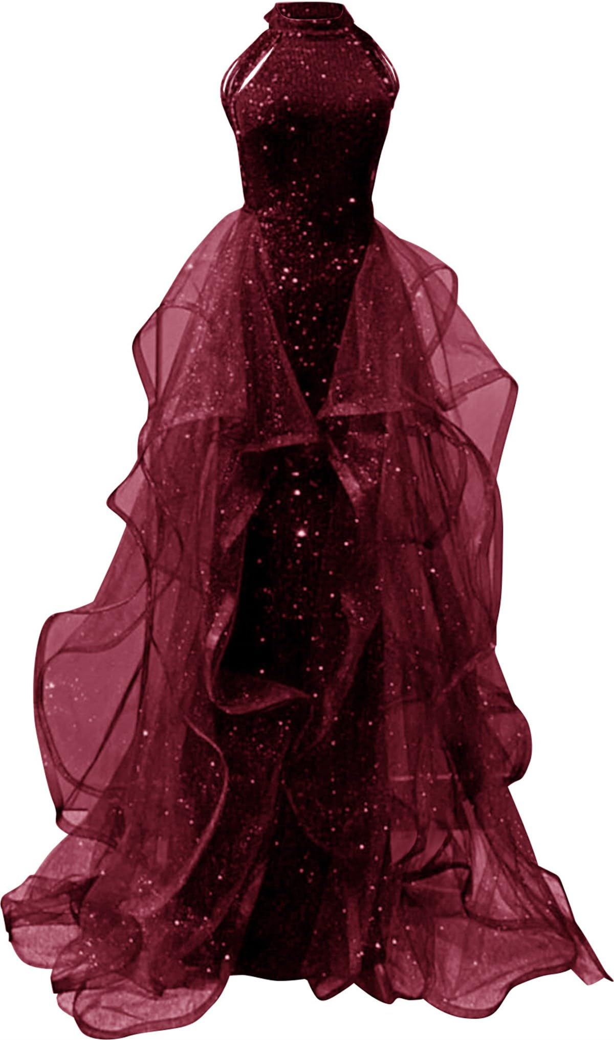 Zeeyecie High Neck Sequins Long A Line Tulle Sparkly Formal Evening Dresses for Women Prom Ball Gowns