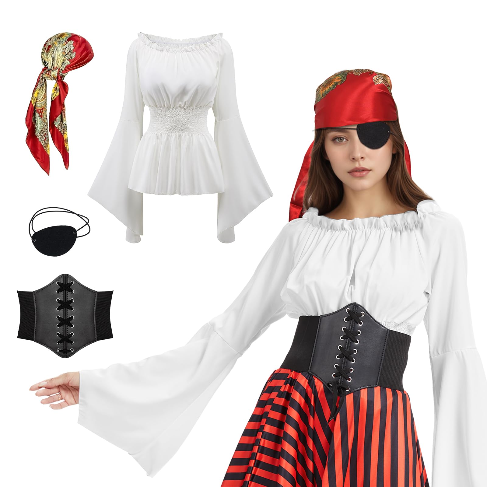  4Pcs Pirate Costume Women for Halloween Carnival Cosplay Outfit
| Women Pirate Costume 4Pcs Include Renaissance Shirt T